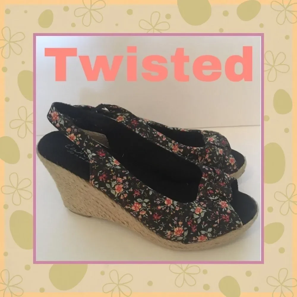 Twisted Black Floral Espadrille Wedge Sandals 10